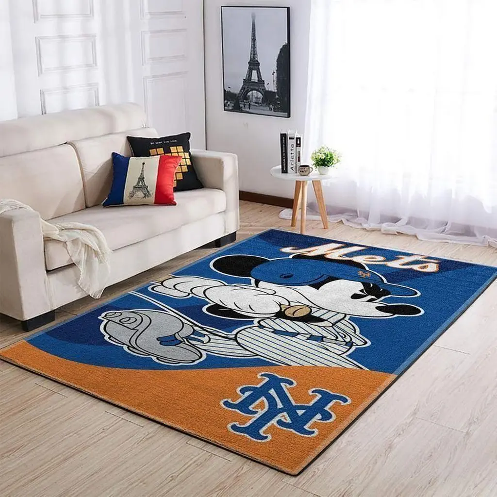 Mets Kids Rug with Fun Cartoon Design for Playroom Blue and Orange
