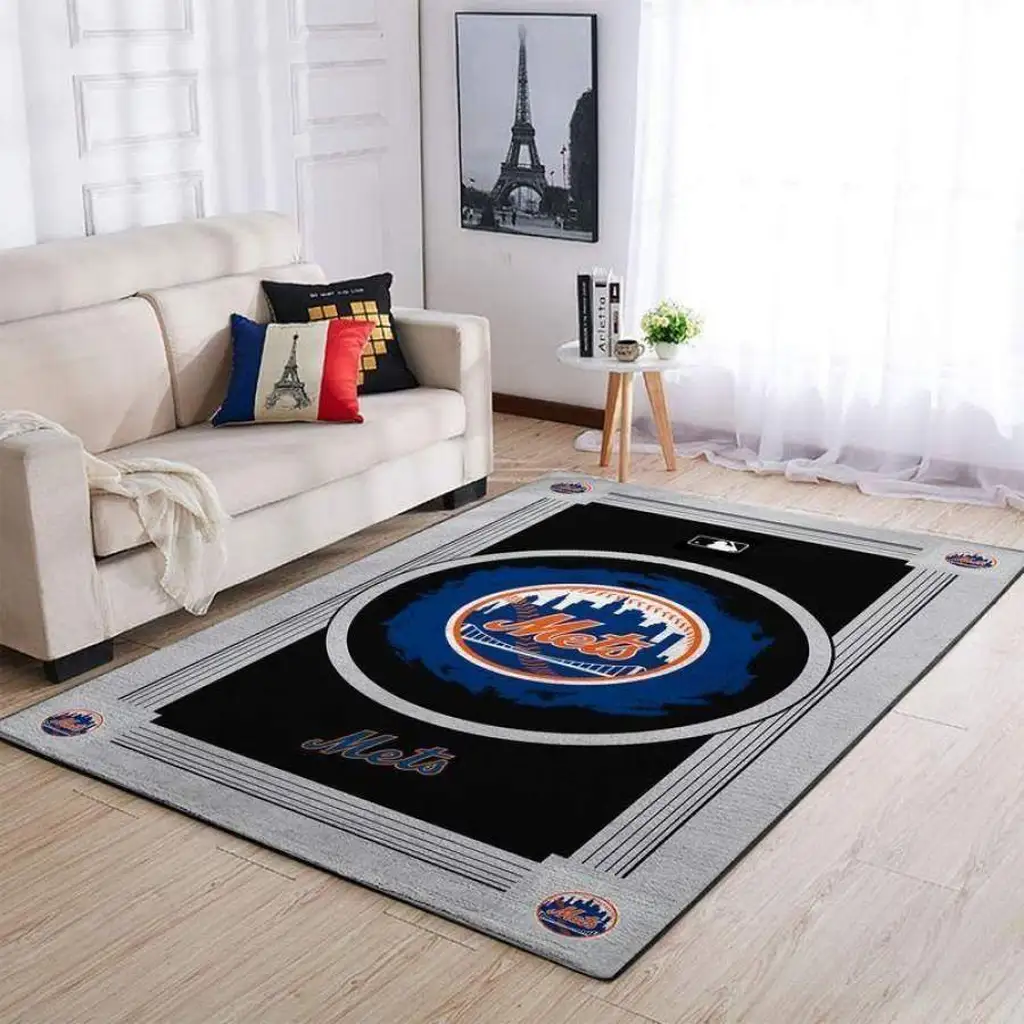 Mets Logo Area Rug for Stylish Living Room Decor Black and Blue
