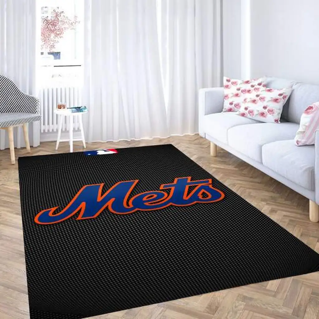 Mets Logo Rug for Living Room Bedroom Floor Decor Black and Blue