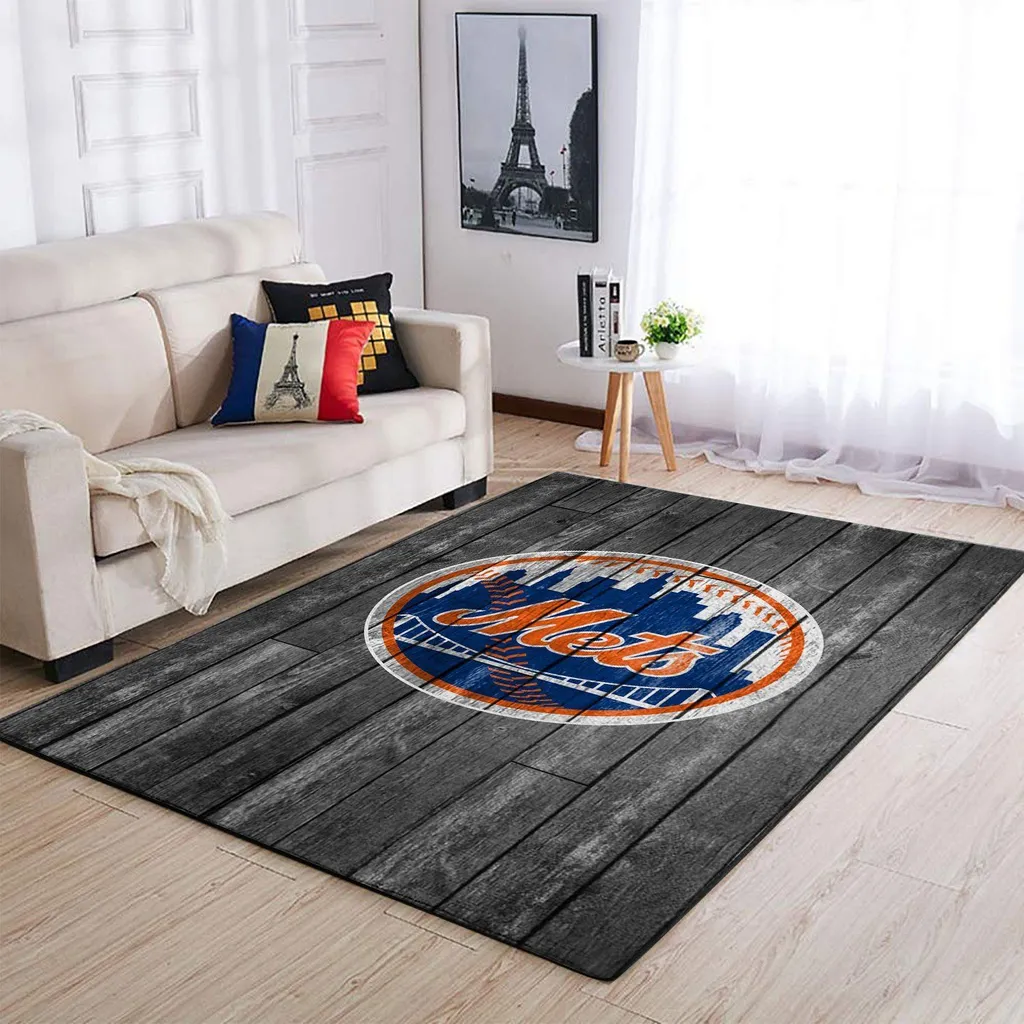 Mets Logo Rug Wood Plank Design for Living Room Decor Blue and Gray