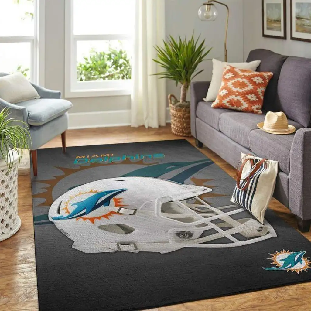 Miami Dolphins Rug - Helmet for Living Room Decor Gray and White