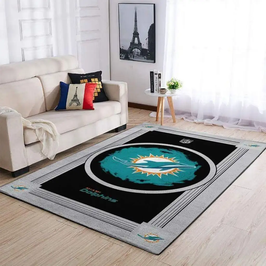 Miami Dolphins Rug - NFL Logo Area for Living Room Decor Black and Teal