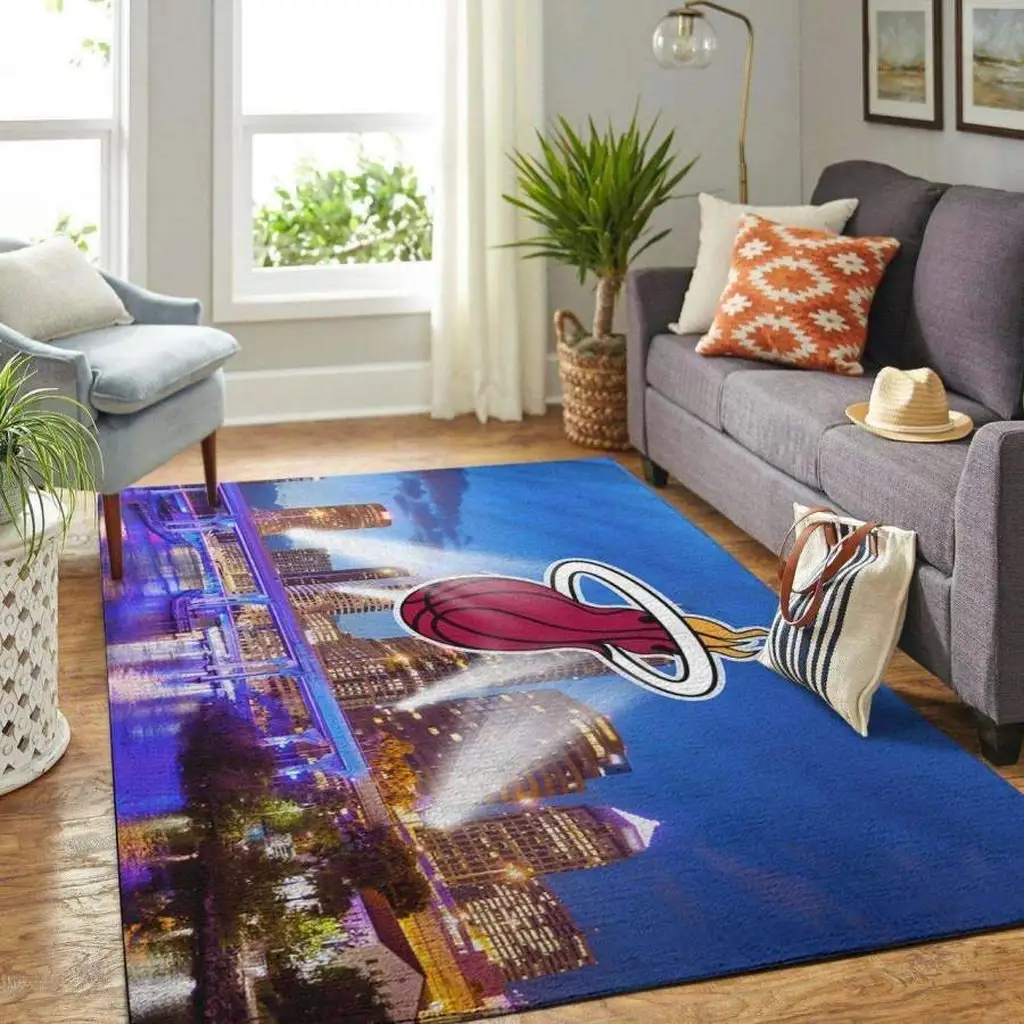 Miami Heat Rug - Basketball Area for Living Room Decor Blue and Red