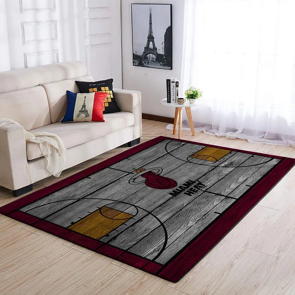 Miami Heat Rug - Basketball Court Area for Living Room Burgundy and Gray