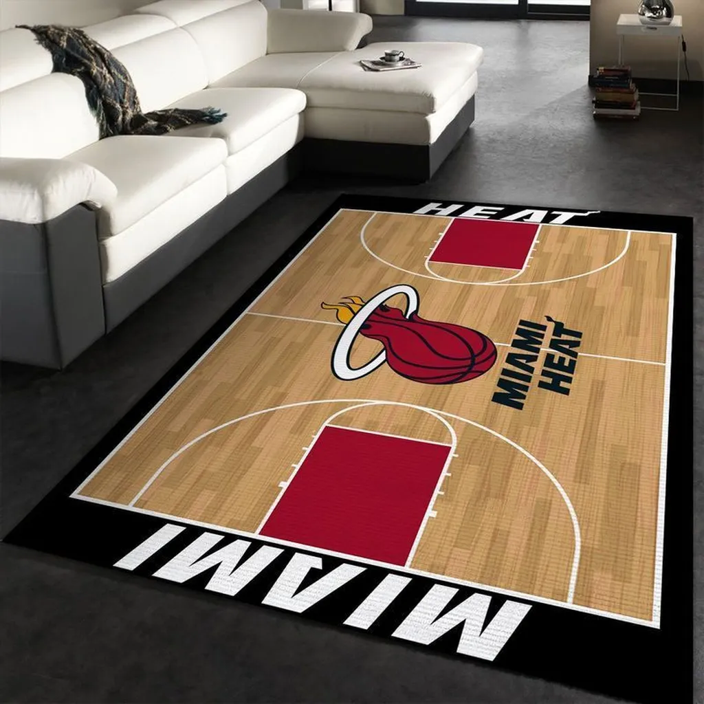 Miami Heat Rug - Basketball Court Hardwood Floor Design Beige and Red