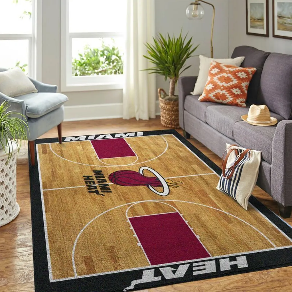 Miami Heat Rug - Basketball Court Sports Floor Mat Carpet Red and Brown