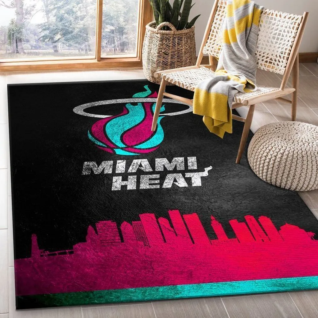 Miami Heat Rug - with City Skyline Design for Fans Black and Pink