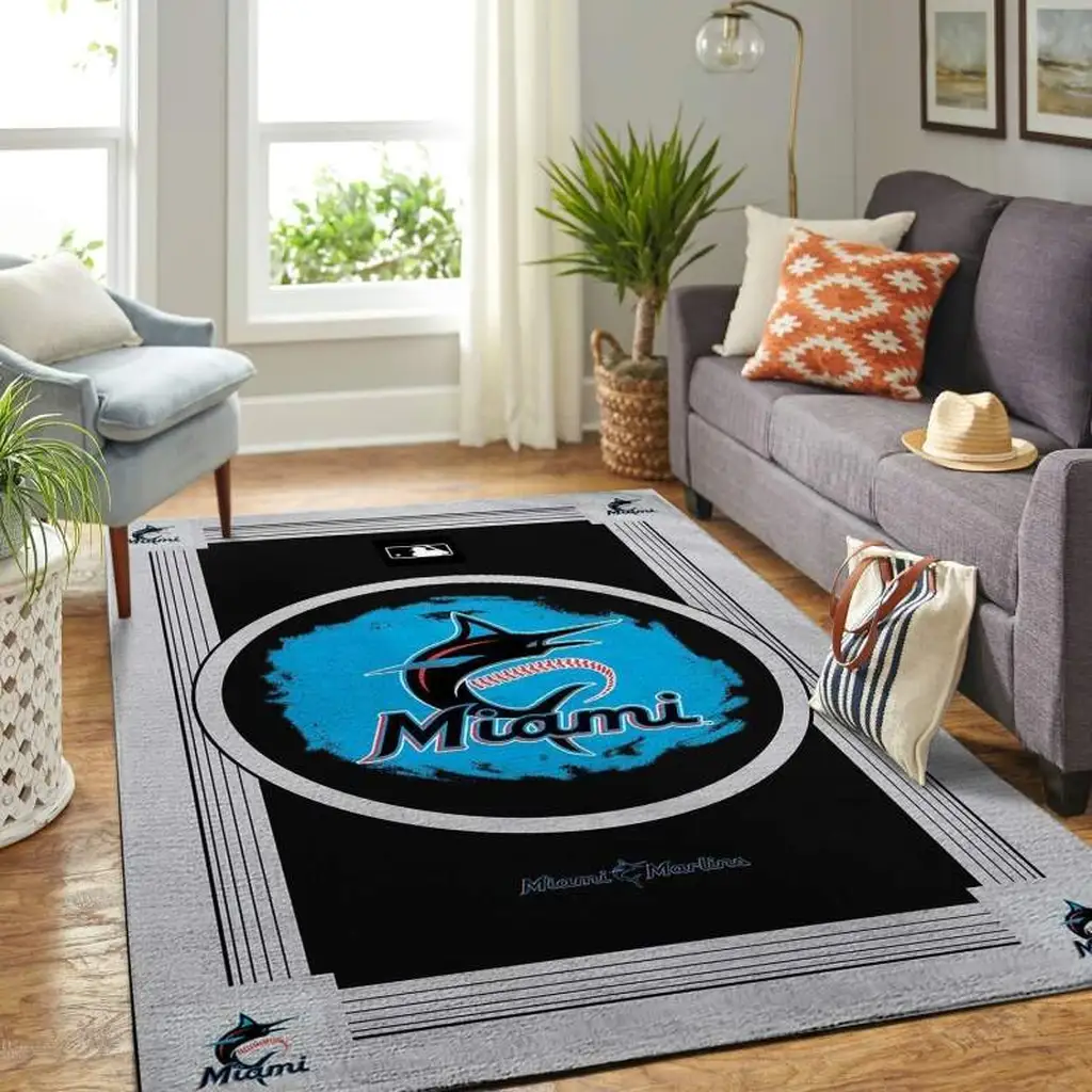 Miami Marlins Rug - Area Living Room Floor Decor Black and Blue