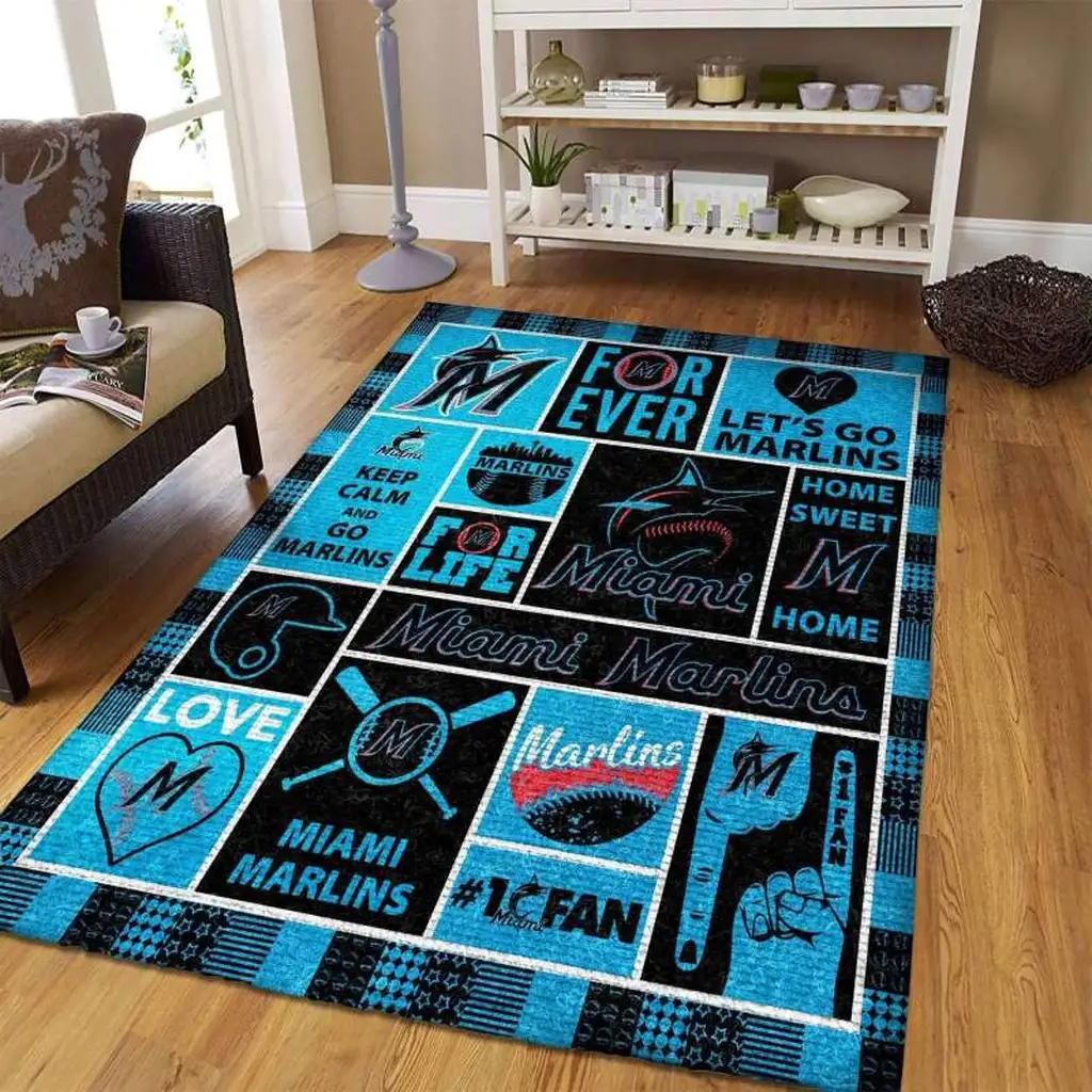 Miami Marlins Rug - Area Sports Fans Home Decor Black and Blue