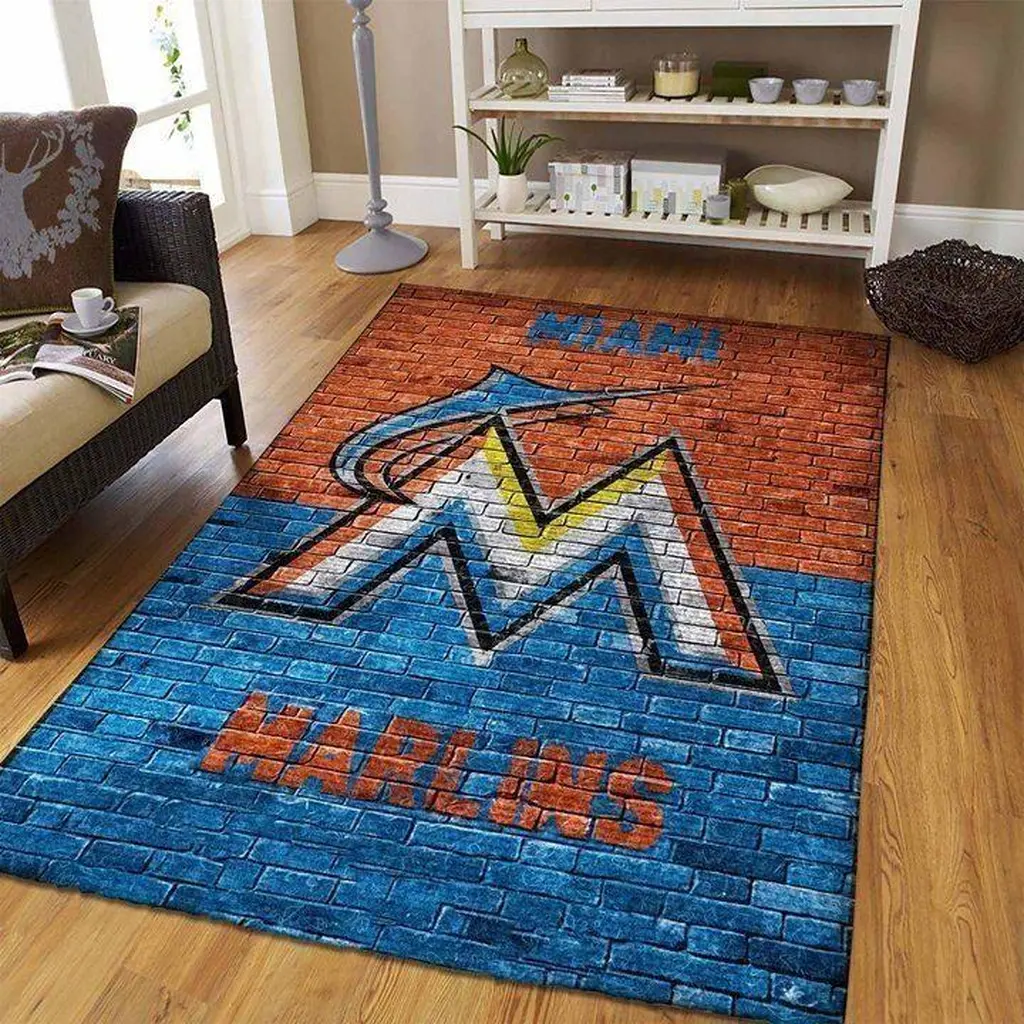 Miami Marlins Rug - Brick Pattern Area for Home Blue and Orange