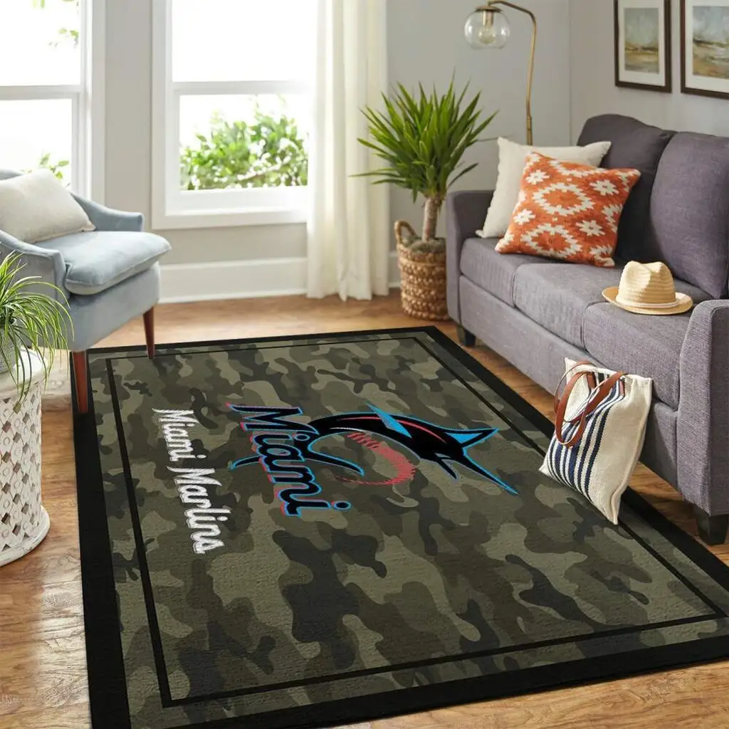 Miami Marlins Rug - Camo for Living Room Decor Black and Green