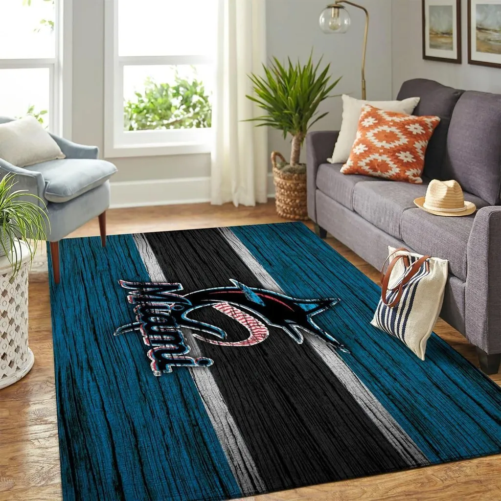 Miami Marlins Rug - Fan Edition Baseball Area Black and Blue