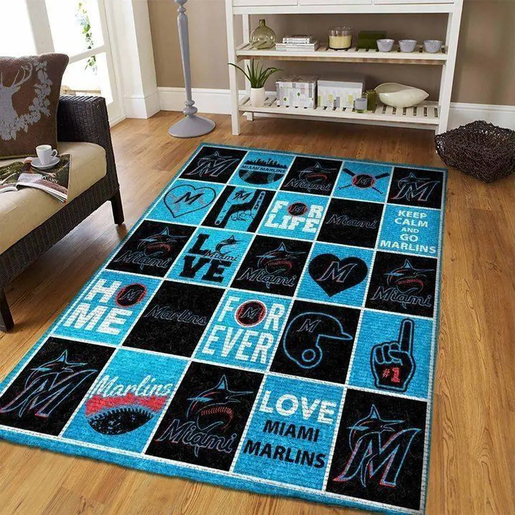 Miami Marlins Rug - Logo Pattern Area for Home Decor Black and Blue