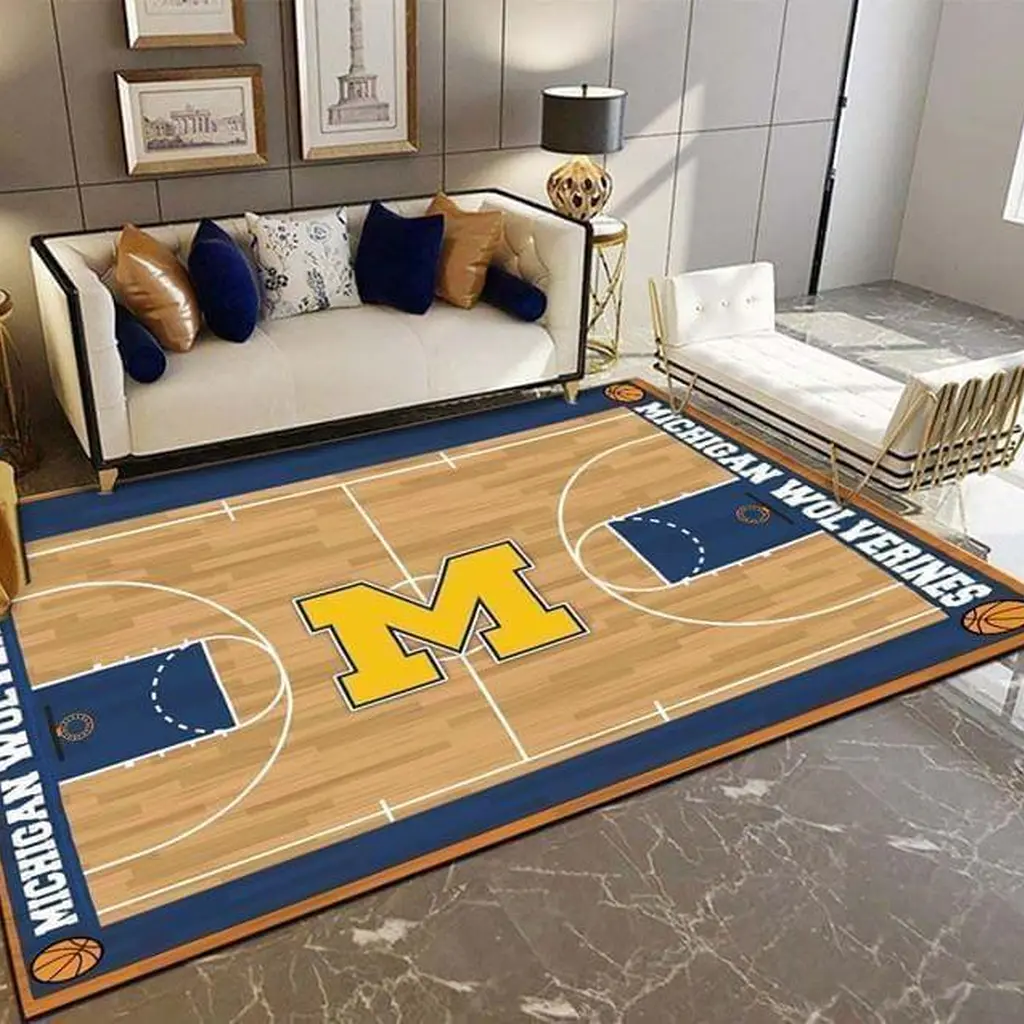 Michigan Wolverines Rug - Basketball Court for Home Decor Blue and Yellow