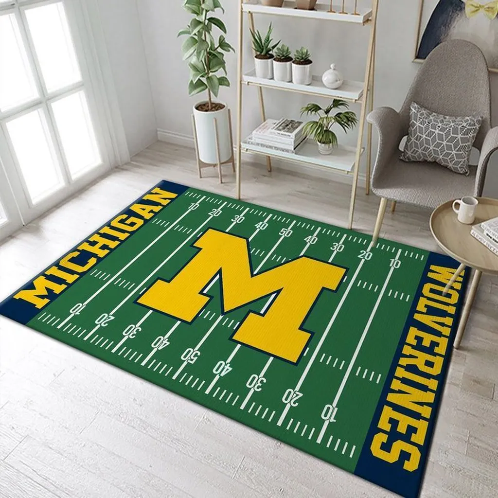 Michigan Wolverines Rug - Football Field Area for Fans Green and Yellow