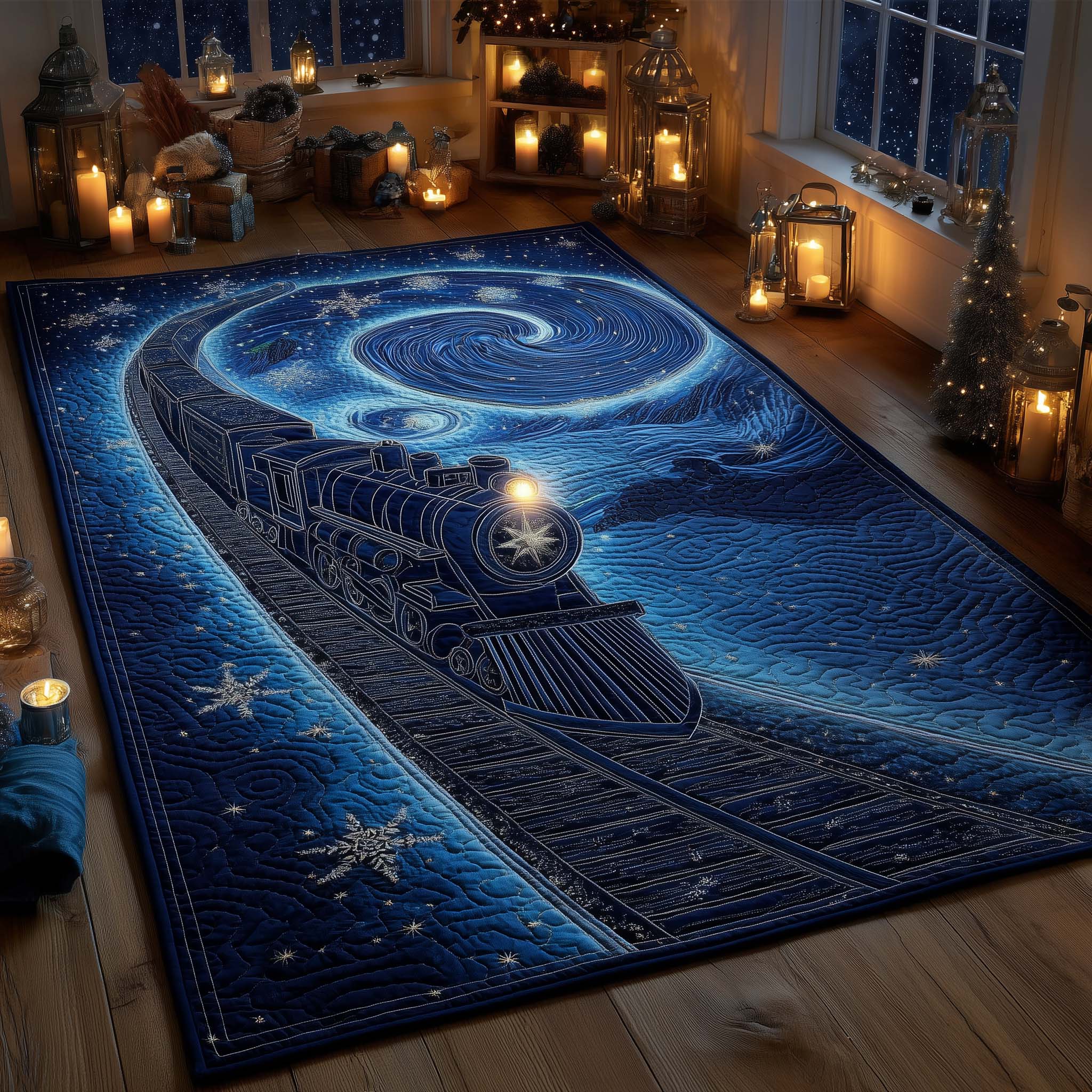 Midnight Blue Magical Train Area Rug - Non-Slip Washable 3D Print Rug for Living Room & BedroomTVC2108231