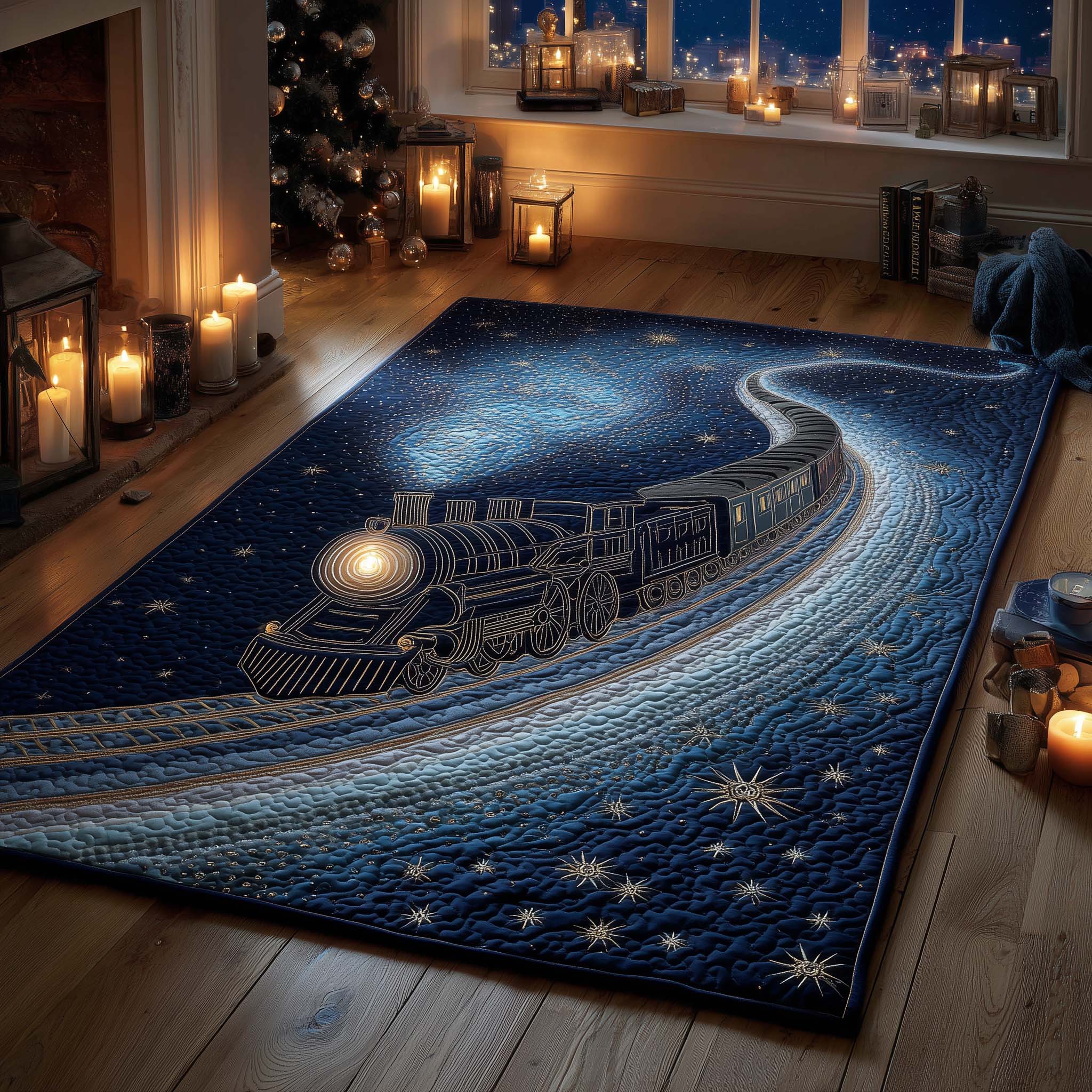 Midnight Blue Magical Train Area Rug - Non-Slip Washable 3D Print Rug for Living Room & BedroomTVC2108406