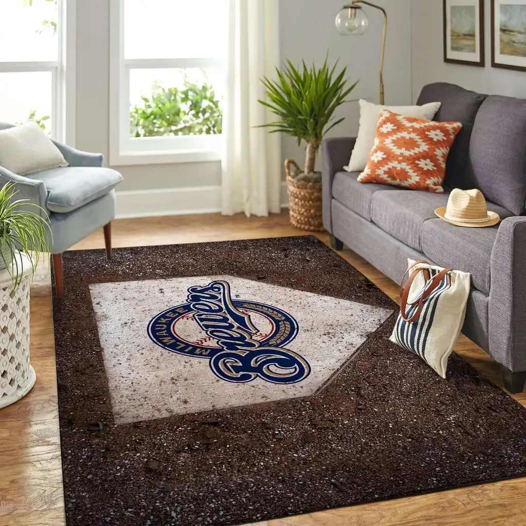 Milwaukee Brewers Rug - Baseball Home Plate for Living Room Decor Brown and White