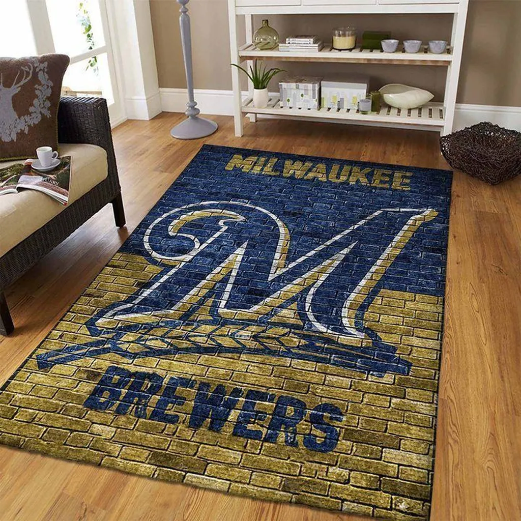 Milwaukee Brewers Rug - Brick Pattern Area for Fans Blue and Yellow