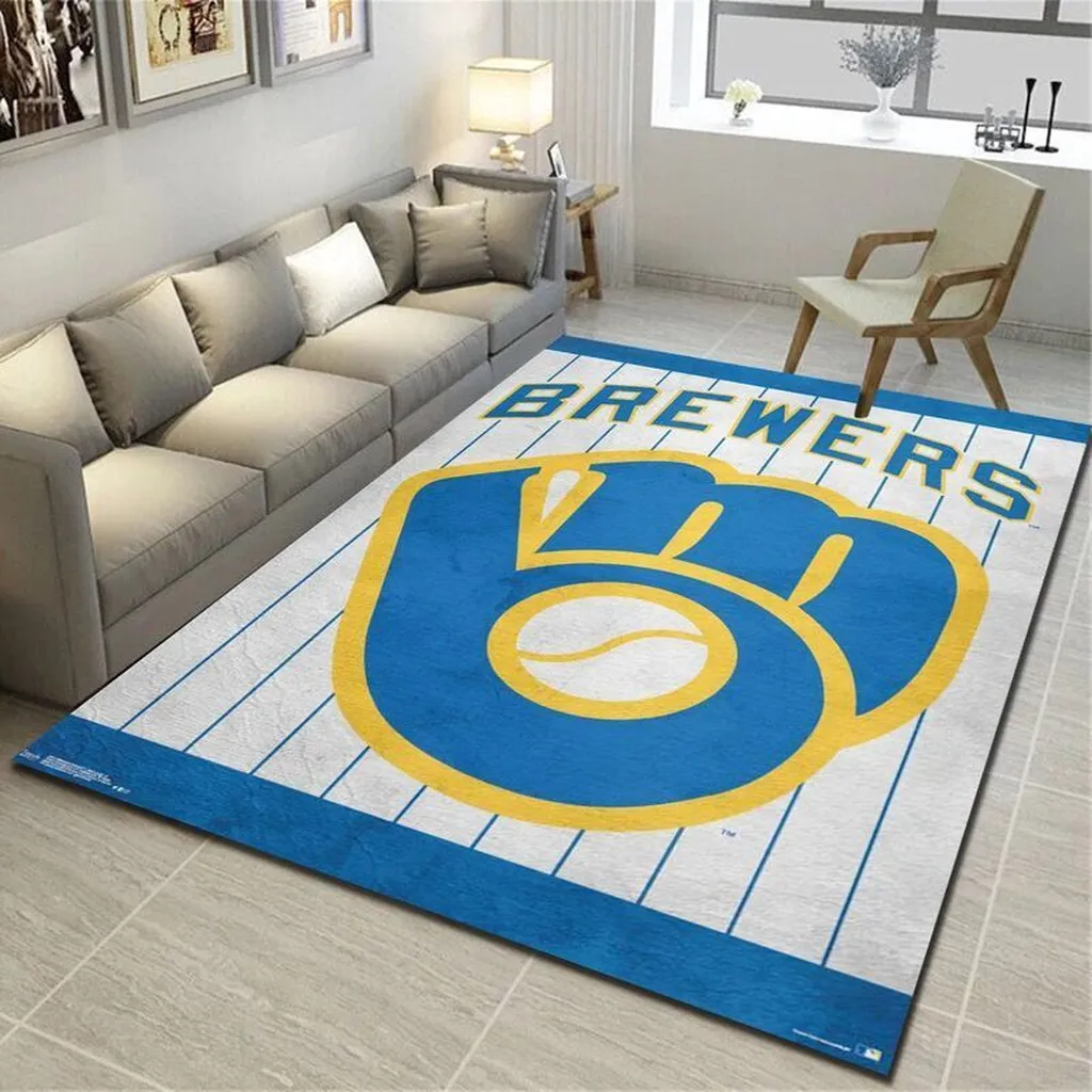 Milwaukee Brewers Rug - Pinstripe Logo Area for Fans Blue and Yellow