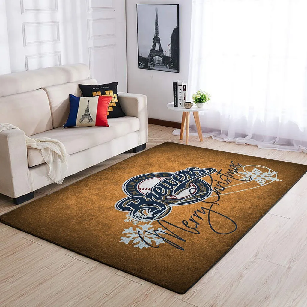 Milwaukee Brewers Rug - with Christmas Holiday Design Blue and Brown