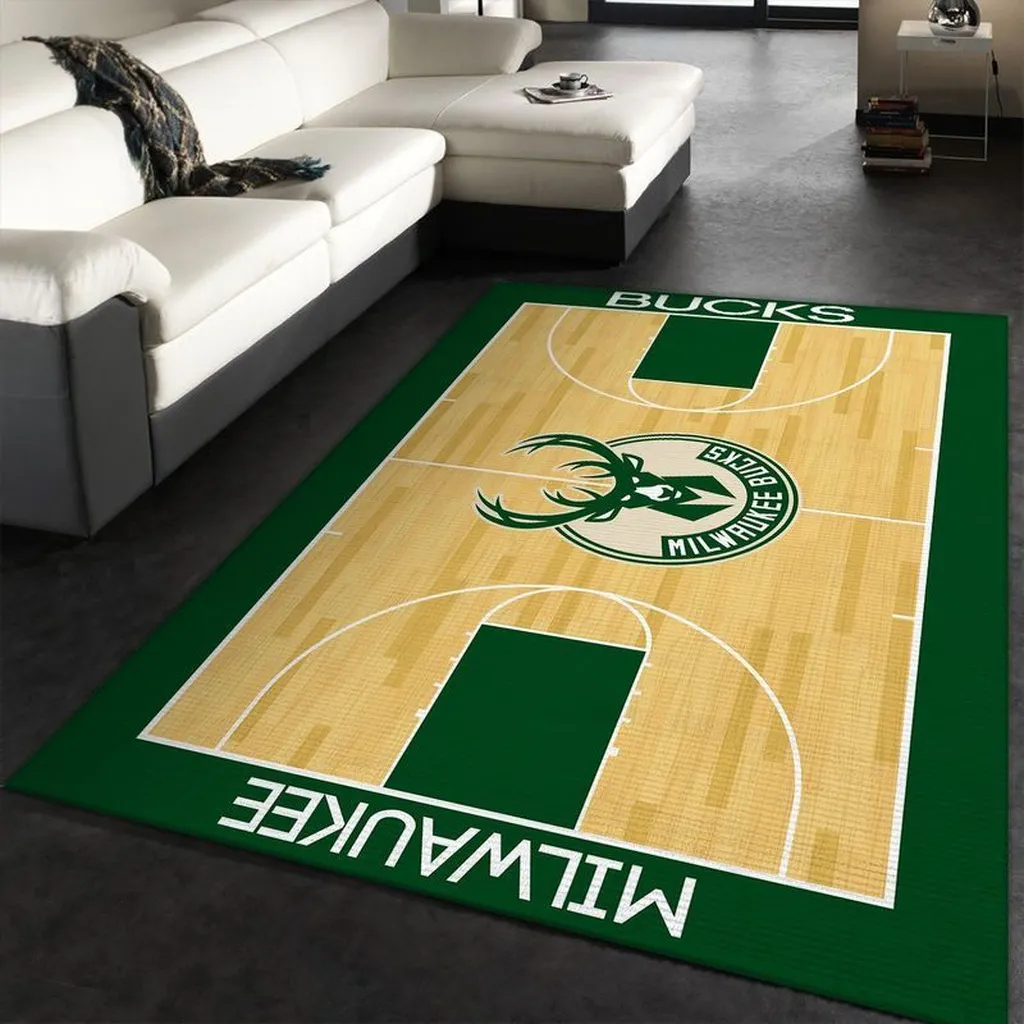 Milwaukee Bucks Rug - Basketball Court Area for Fans Beige and Green