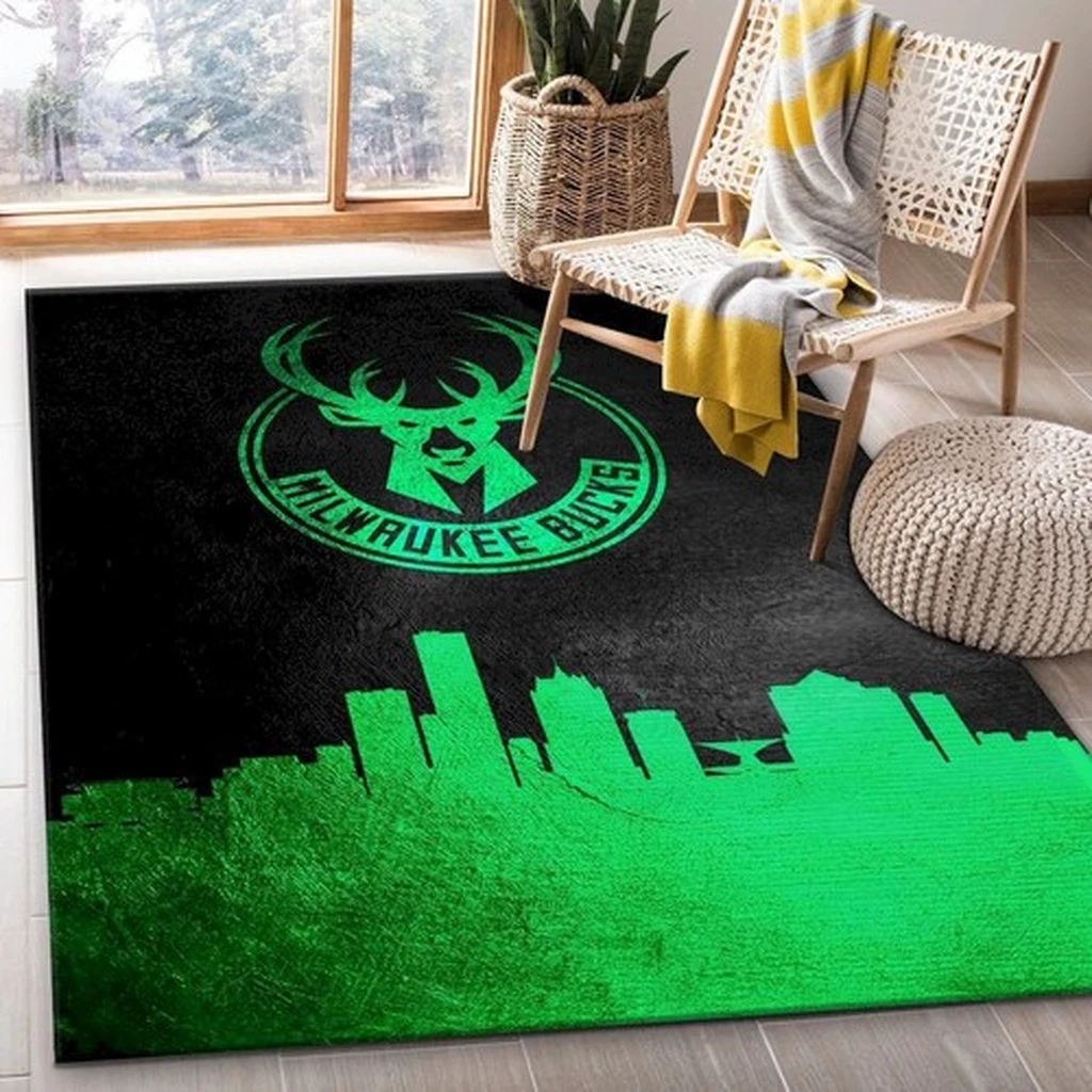 Milwaukee Bucks Rug - with City Skyline Design Decor Black and Green