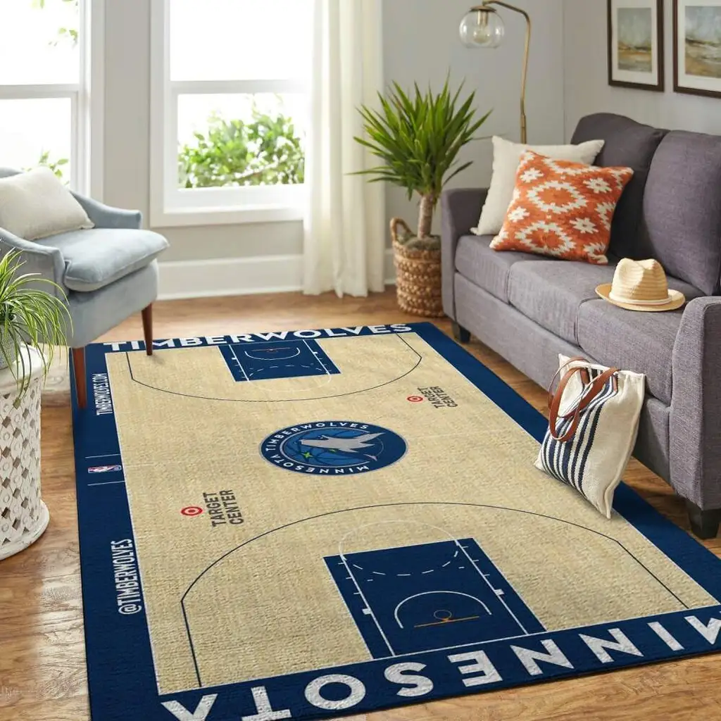 Minnesota Timberwolves Rug - Basketball Court Design Beige and Blue