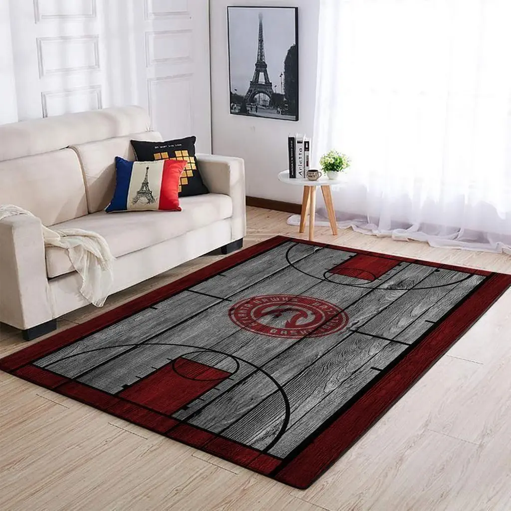 Modern Basketball Court Rug for Sports Fans and Kids Red and Gray