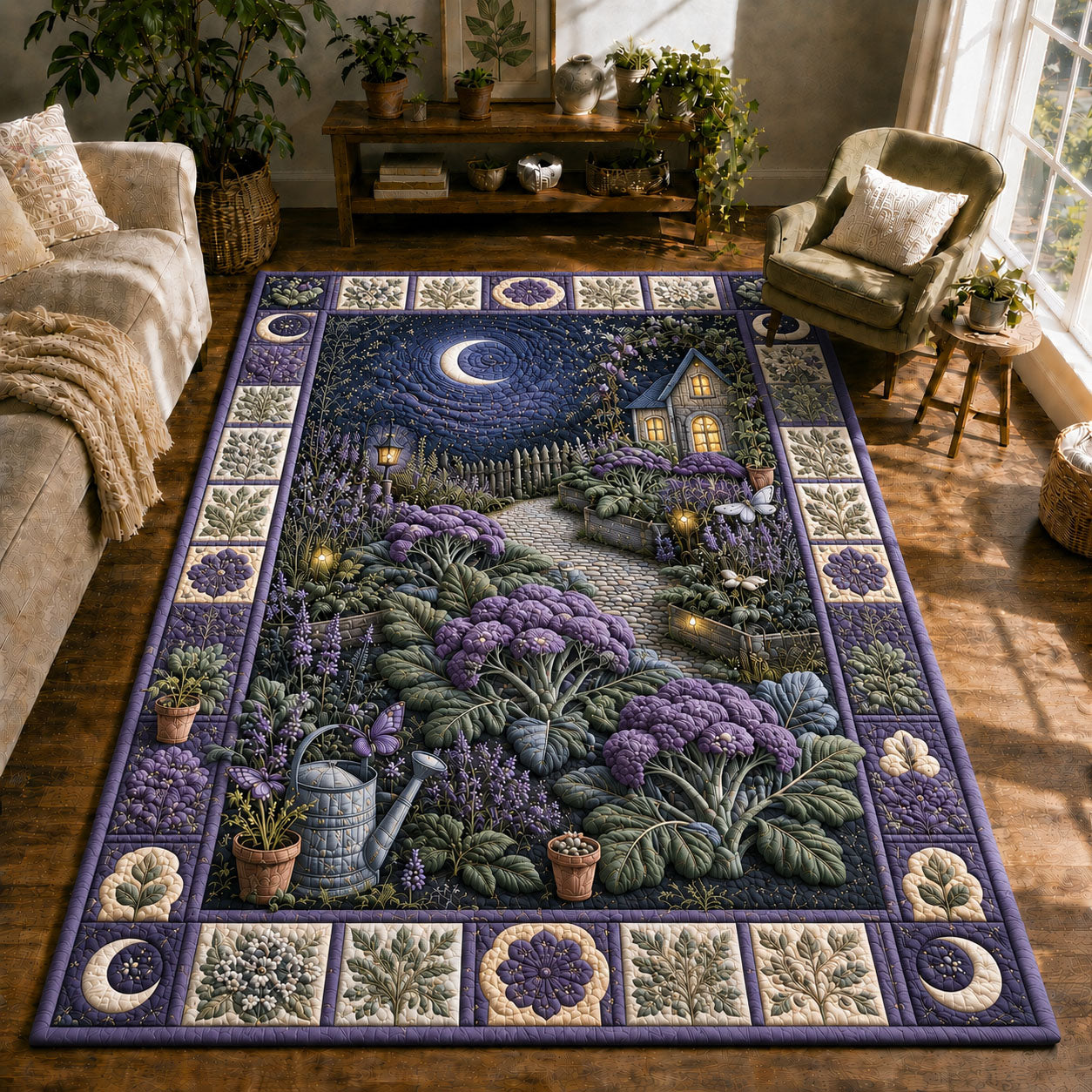 Moonlit Lavender Cottage Garden Area Rug - Non-Slip Washable 3D Print Rug for Living Room & BedroomTVC2108405