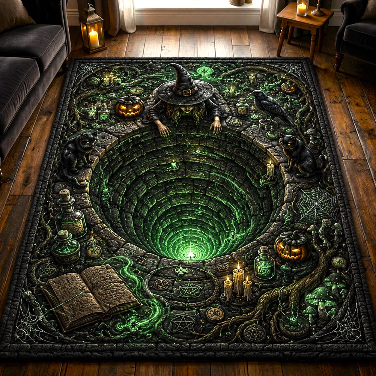 Moonlit Witch Halloween Area Rug - Non-Slip Washable 3D Print Rug for Living Room & BedroomTVC2108405