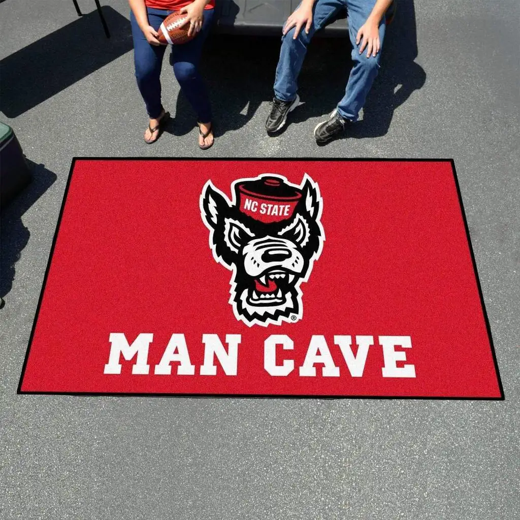 NC State Man Cave Rug with Wolf Logo and Lettering Red and White
