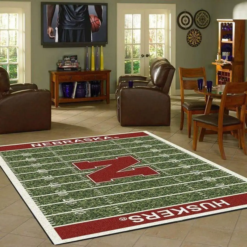 Nebraska Huskers Rug - Football Field Game Room Decor Green and Red