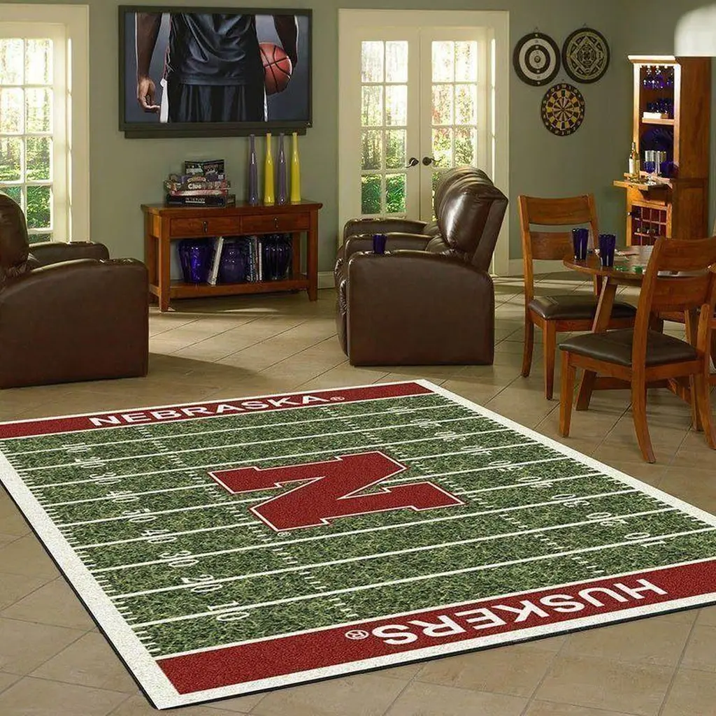Nebraska Huskers Rug - Football Field Team Decor Green and Red