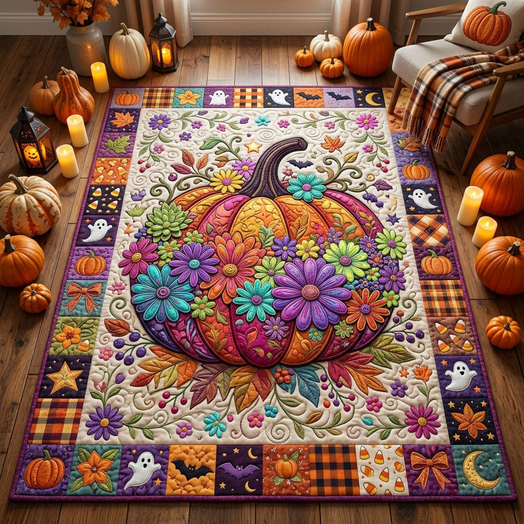 Neon Floral Pumpkin Halloween Area Rug - Non-Slip Washable 3D Print Rug for Living Room & BedroomTVC2108404
