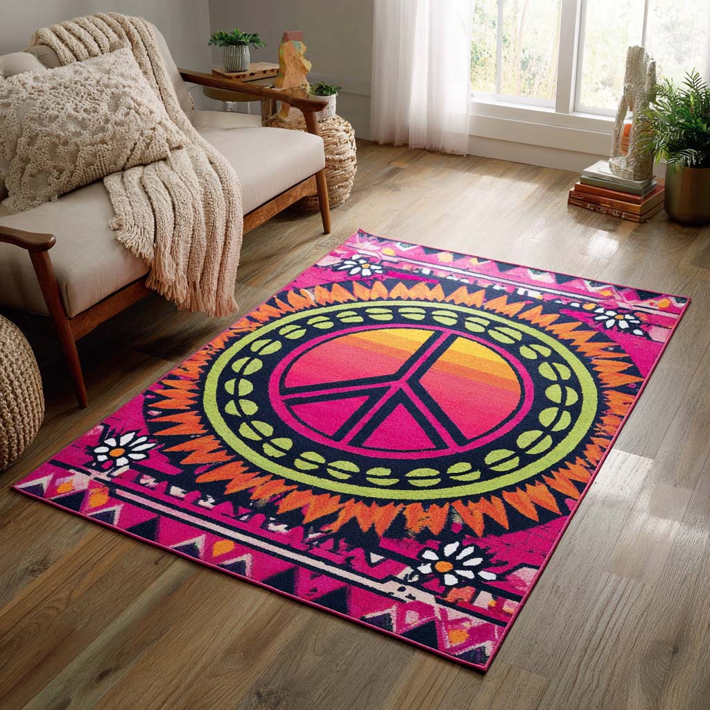 Neon Peace Mandala Area Rug - Non-Slip Washable 3D Print Rug for Living Room & BedroomTVC2108292