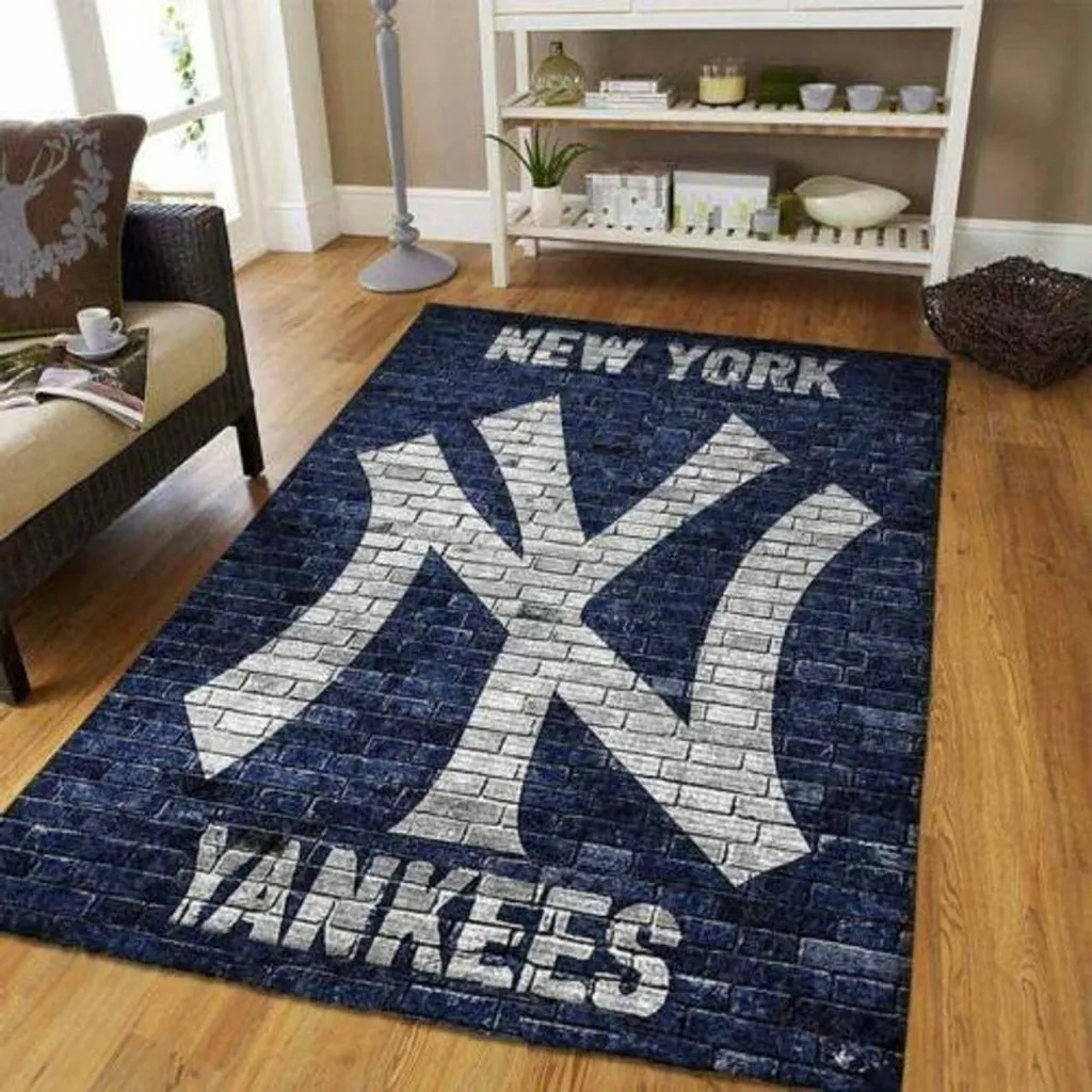 New York Yankees Rug - Brick Pattern Area for Living Room Blue and White