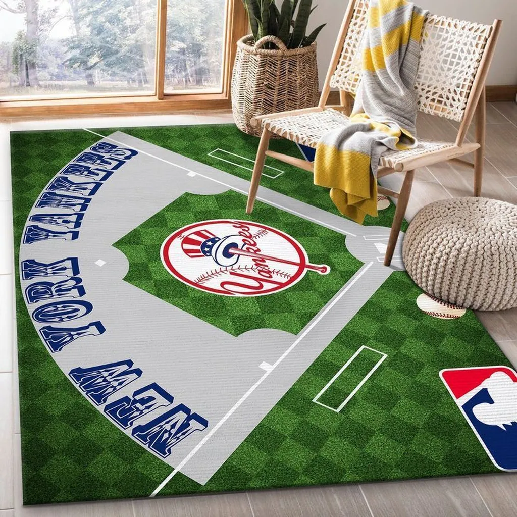 New York Yankees Rug - Kids Room Area Baseball Field Green and Gray