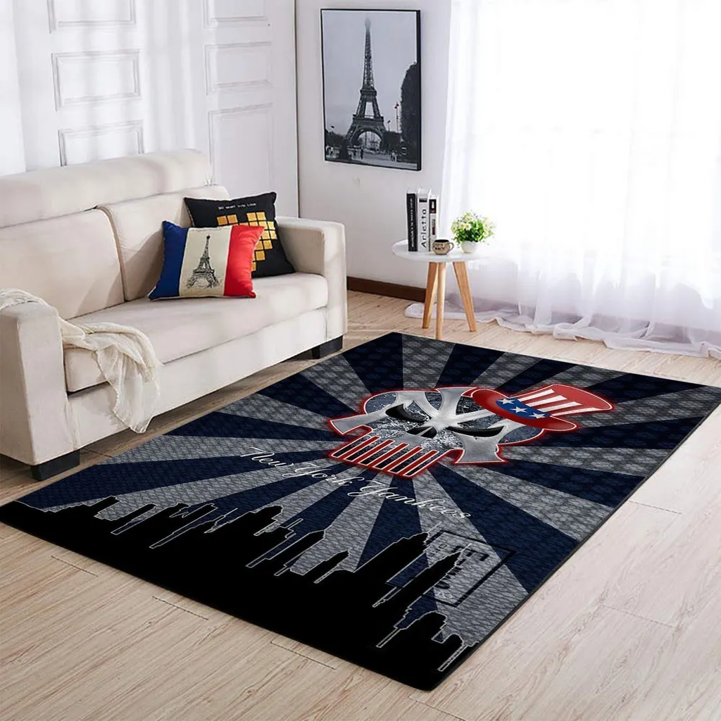 New York Yankees Rug - Skull for Living Room Decor Black and Blue