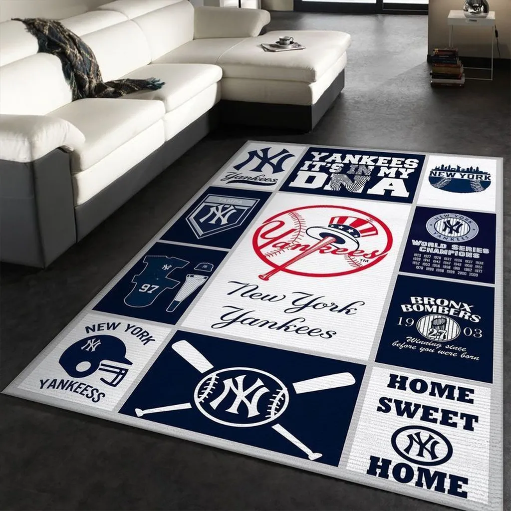 New York Yankees Rug - Sports Area for Living Room Carpet Blue and White
