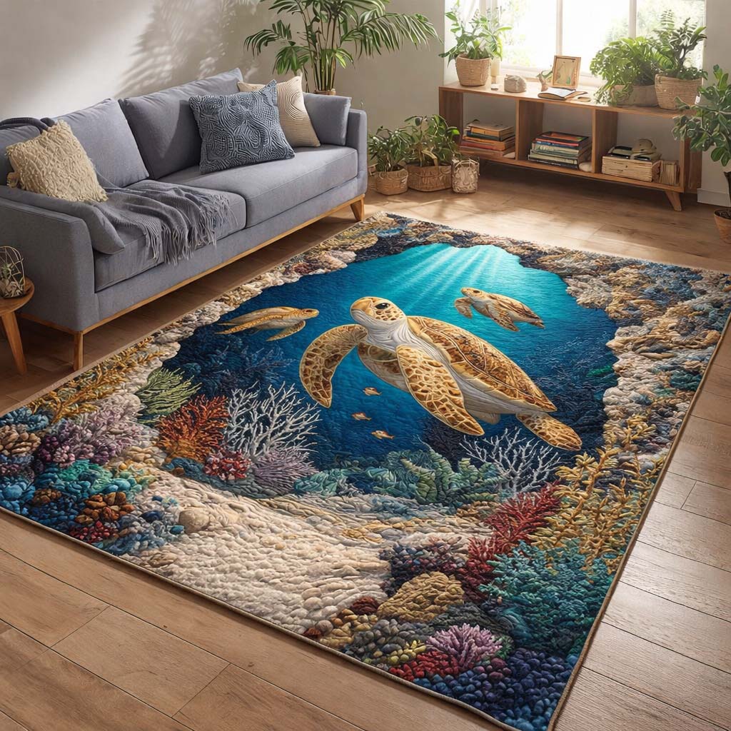 Ocean Glow Turtles Area Rug - Non-Slip Washable 3D Print Rug for Living Room & BedroomTVC2108404