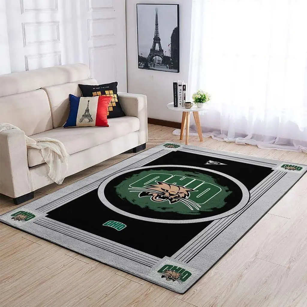 Ohio University Area Rug with Bobcat Logo Design Black and Gray
