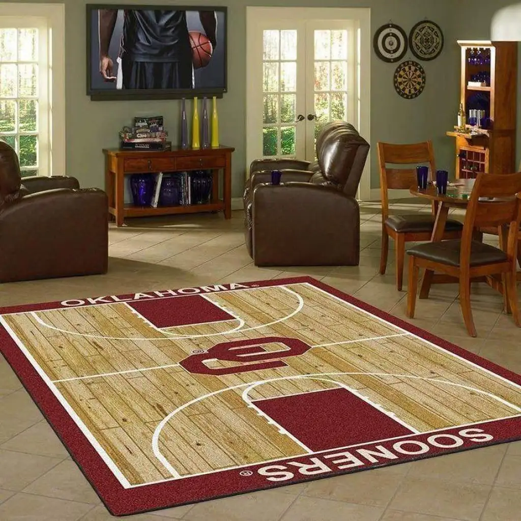 Oklahoma Sooners Basketball Court Style Area Rug Beige and Red