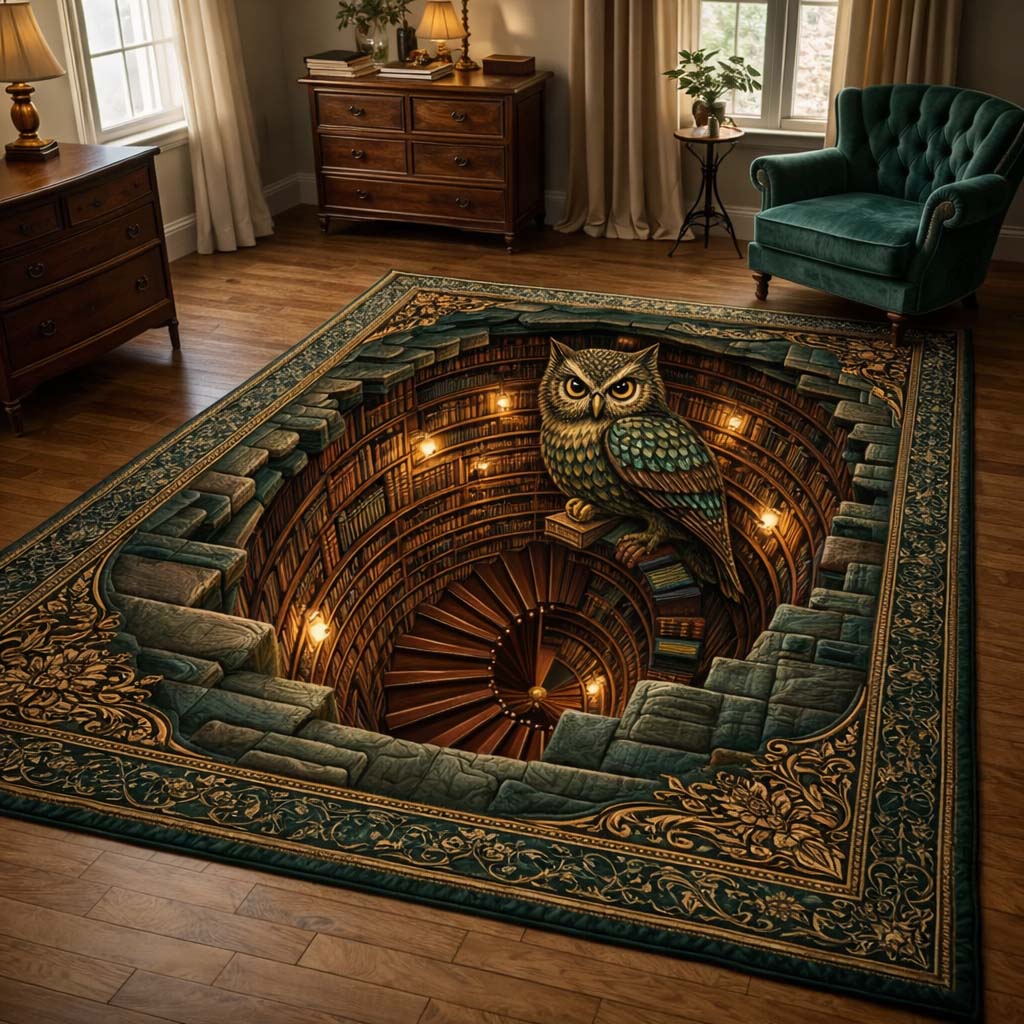 Owl Library Spiral Area Rug - Non-Slip Washable 3D Print Rug for Living Room & BedroomTVC2108403