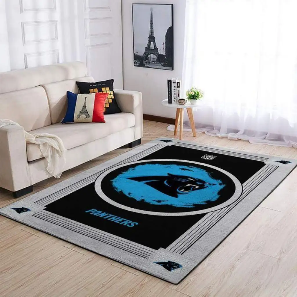 Panthers Football Logo Floor Rug for Fans Black and Blue
