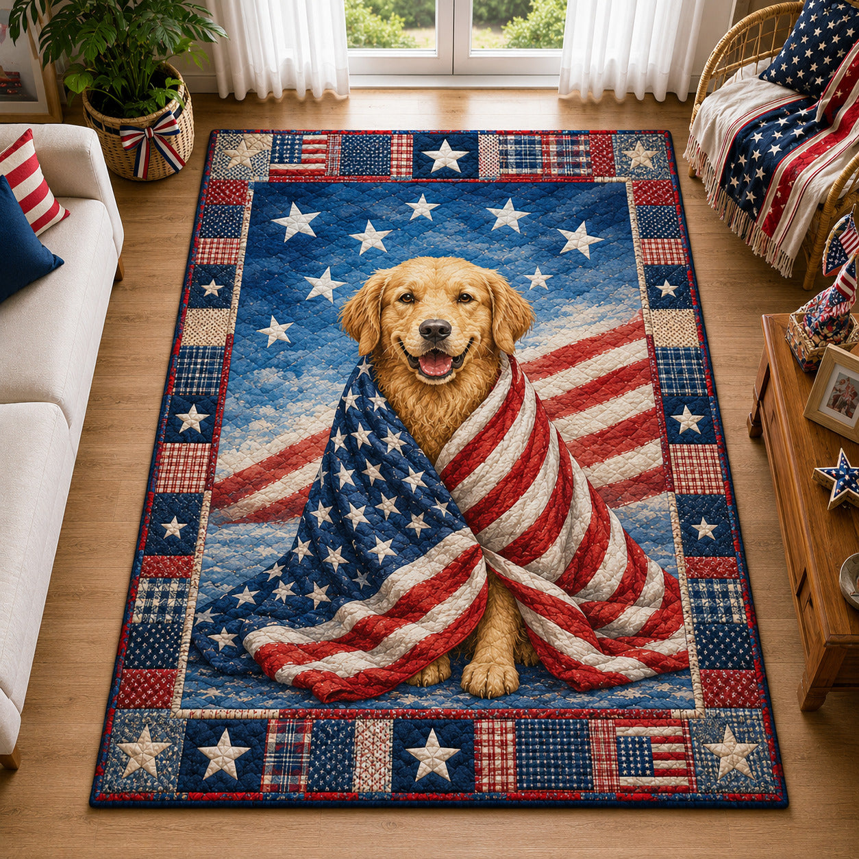 Patriotic Golden Retriever Area Rug - Non-Slip Washable 3D Print Rug for Living Room & BedroomTVC2108401