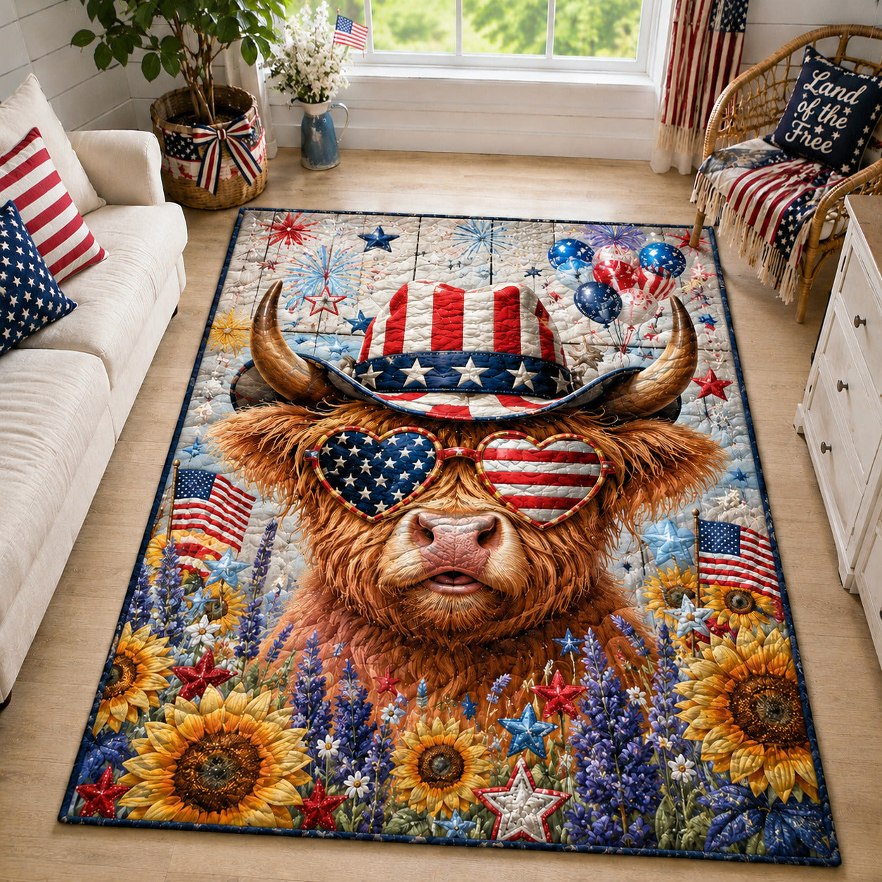 Patriotic Highland Cow Area Rug - Non-Slip Washable 3D Print Rug for Living Room & BedroomTVC2108401