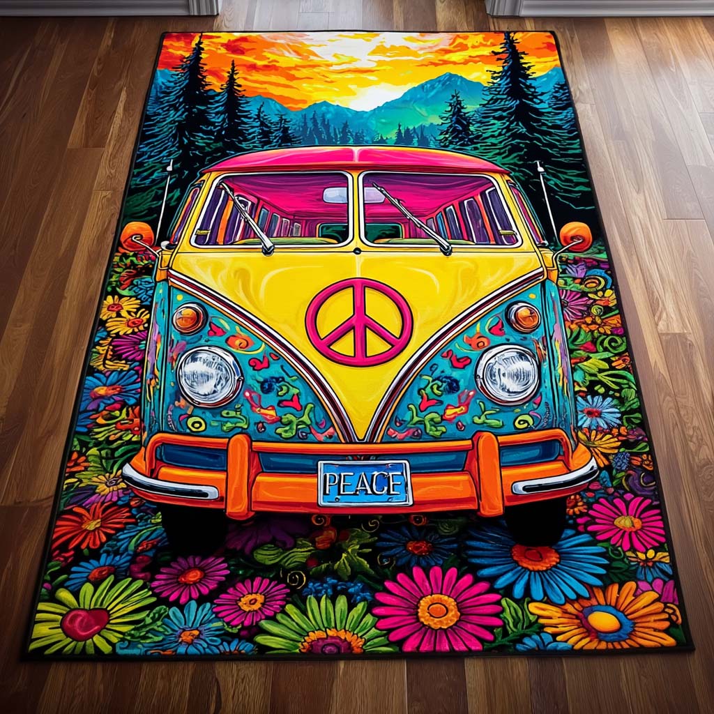 Peace Van Sunset Area Rug - Non-Slip Washable 3D Print Rug for Living Room & BedroomTVC2108285