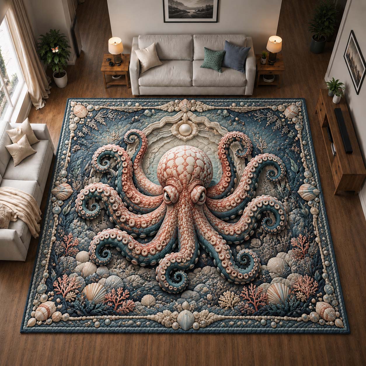 Pearl Reef Octopus Area Rug - Non-Slip Washable 3D Print Rug for Living Room & BedroomTVC2108401