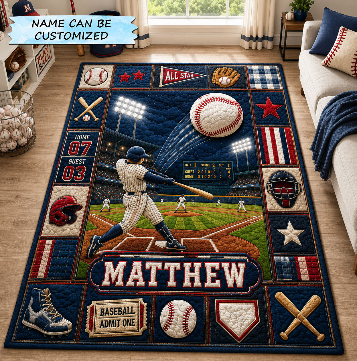 Personalized Baseball Home Run Area Rug - Non-Slip Washable 3D Print Rug for Living Room & BedroomTVC2108401